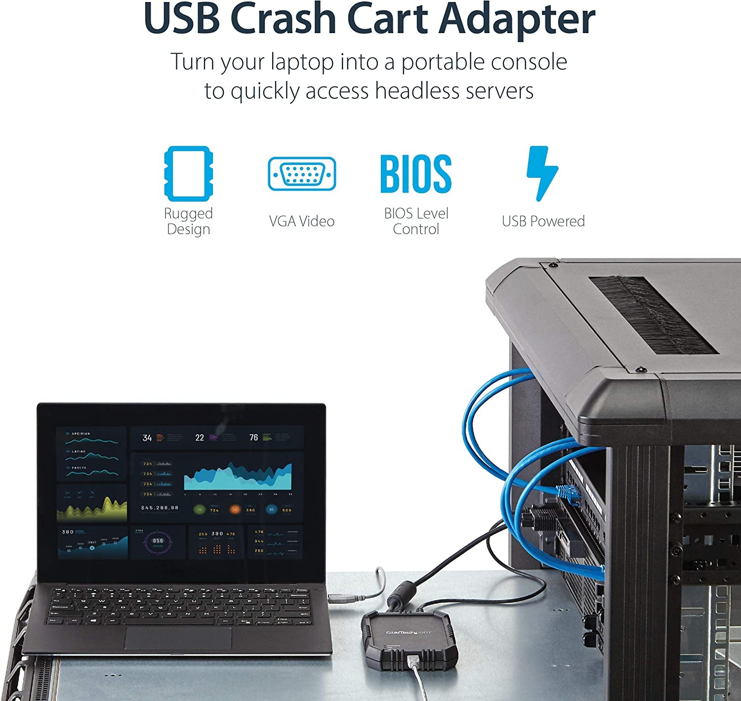 USB Crash Cart Adapter with File Transfer and Video Capture - Laptop to Server KVM Console - Portable & Rugged (NOTECONS02X)