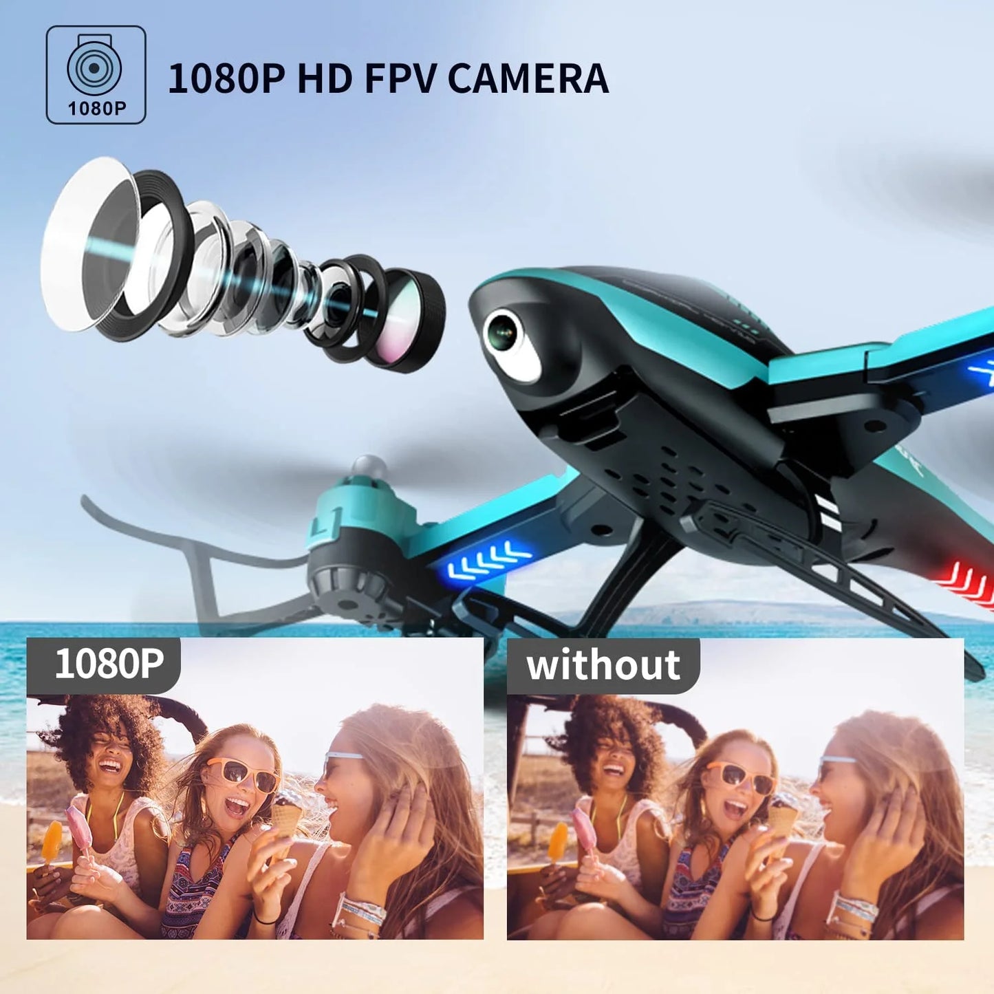 RC Helicopte Drone with 1080P HD Camera for Kids Adults, FPV Drone Beginners Foldable Live Video Quadcopter 2 Batteries Blue